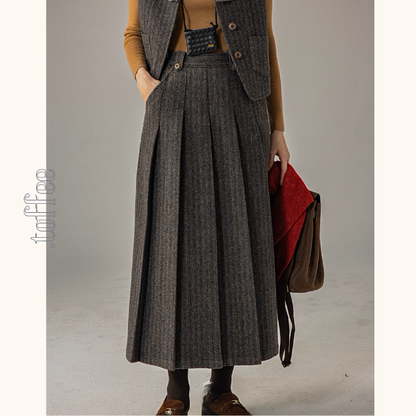 【2color】ベルトディテールチェック柄ベスト＆ロングプリーツスカートセットアップ《Z00856》