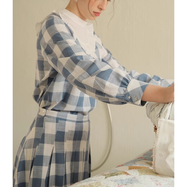 チェック柄ドールカラーブラウス＆スカートセットアップ Z00085