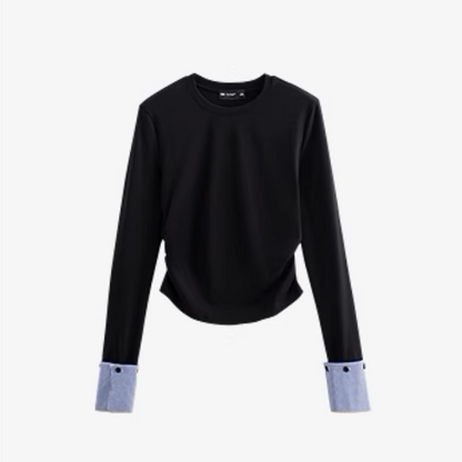 【2color】ギンガムチェックカフスクルーネックトップ《Z00926》