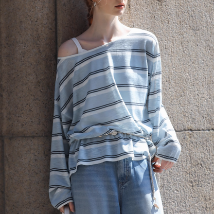 【2color】ワンショルダーストライプシアーニットトップ《Z01027》