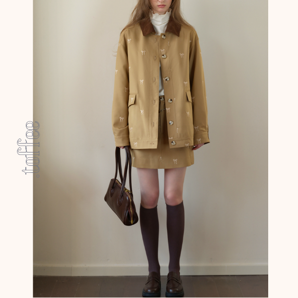 リボン刺繍オーバーサイズジャケット＆スカートセットアップ《Z00817》　