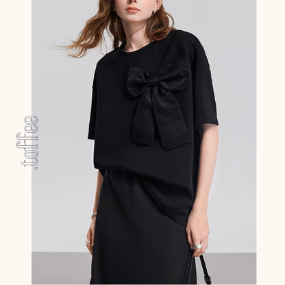 【2color】ビッグリボンクルーネック半袖Tシャツ《Z00933》