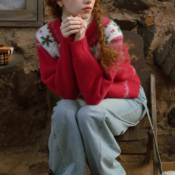 【2color】草花咲くヨーク刺繍のクロップドカーディガン《Z01078》