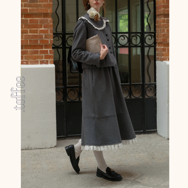 リボン＆レースジャケット＆Aラインミディ丈フレアスカートセットアップ　《Z00782》