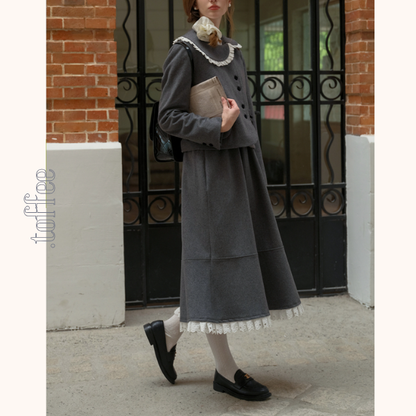 リボン＆レースジャケット＆Aラインミディ丈フレアスカートセットアップ　《Z00782》