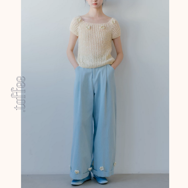 花咲く裾刺繍のブルーワイドパンツ《Z01071》