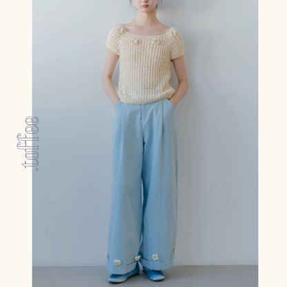 花咲く裾刺繍のブルーワイドパンツ《Z01071》