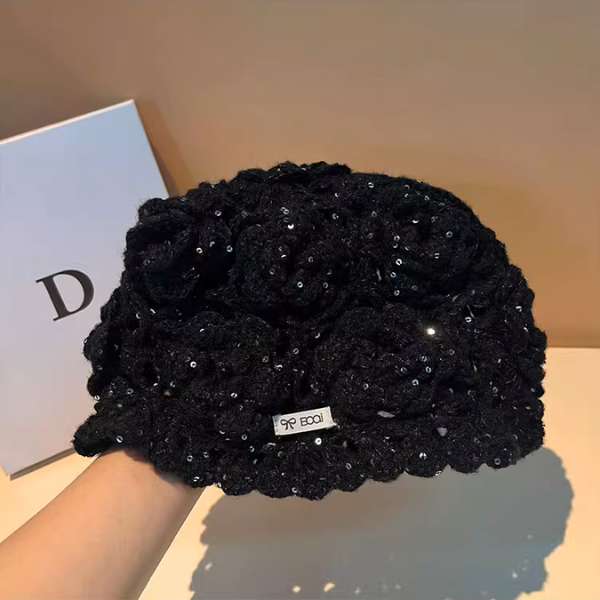 【4color】花モチーフが咲く＊かぎ針編みスパンコールニット帽《Z01194》