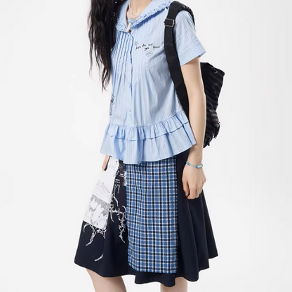 チェック切り替えアートプリントスカート《Z01111》