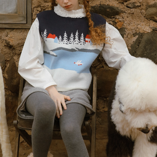 冬景色を描くレトロニットベスト《Z01082》