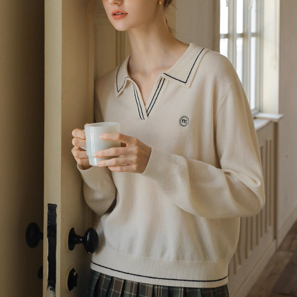 【2color】レトロ配色ポロカラーニットプルオーバー《Z01115》