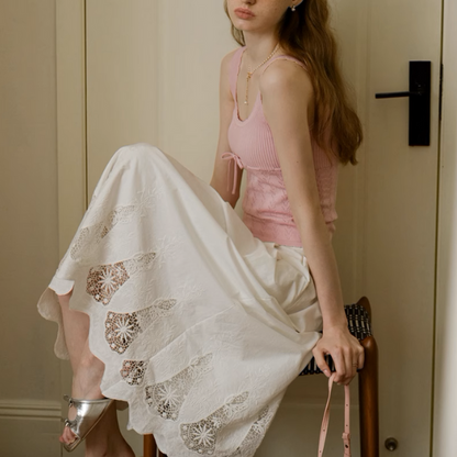 レーズヘムブラウス＆フローラルレースミモレ丈スカートセットアップ《Z00896》