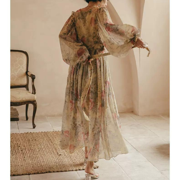 フラワープリントボリュームスリーブワンピース X-046