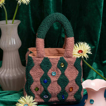 ジグザグパターンストーン装飾ボアハンドバッグ　《Z00804》