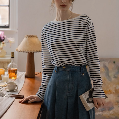 【2color】ボートネックストライプTシャツ《Z00852》