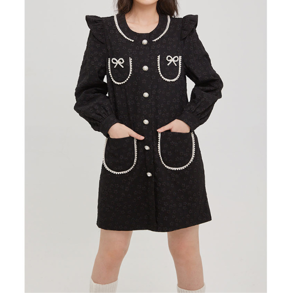 ふくれジャガードのブラックミニワンピース X-381