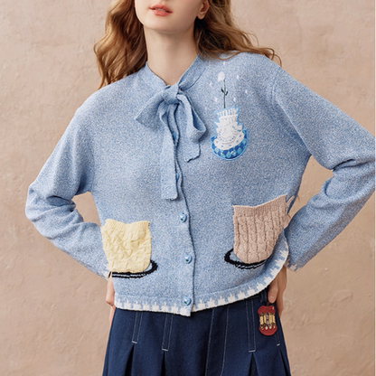 リボンタイ付き刺繍ポケットカーディガン《Z01104》