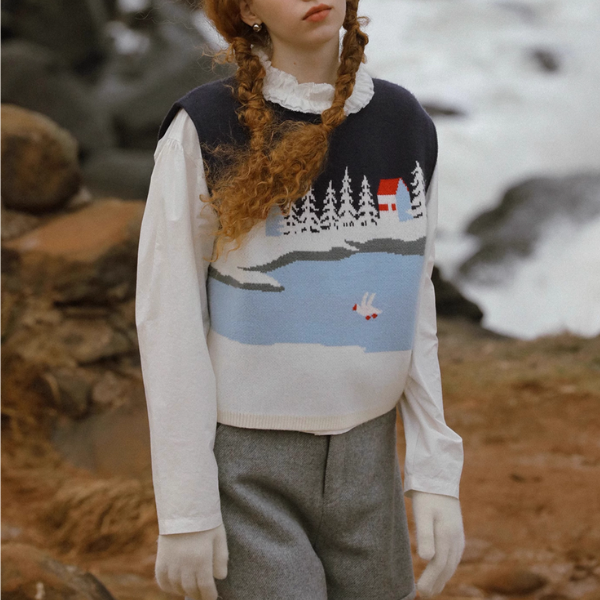 冬景色を描くレトロニットベスト《Z01082》