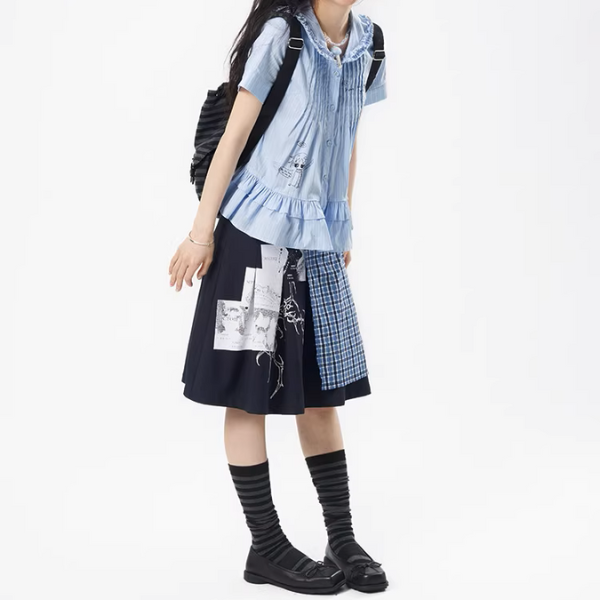 チェック切り替えアートプリントスカート《Z01111》