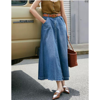 デニムミモレ丈フレアスカート w-012