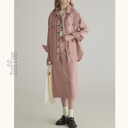 ピンクデニムジャケット＆ミモレ丈ストレートスカートセットアップ　《Z00776》