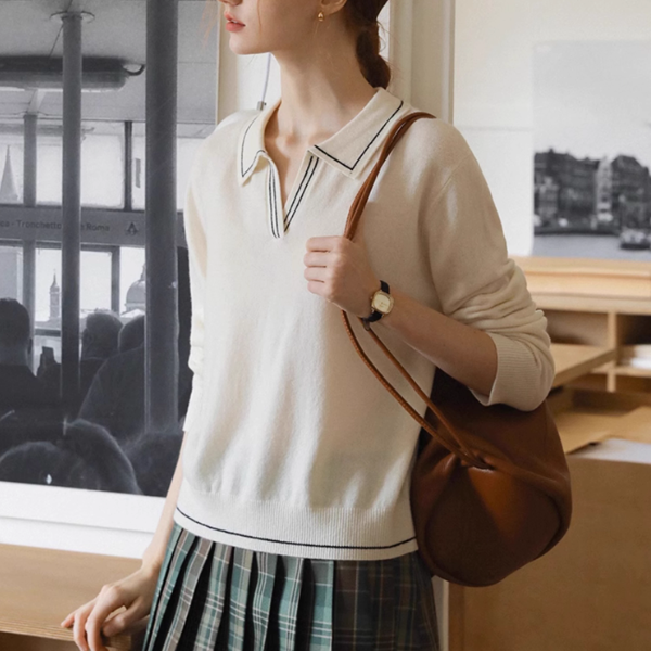 【2color】レトロ配色ポロカラーニットプルオーバー《Z01115》