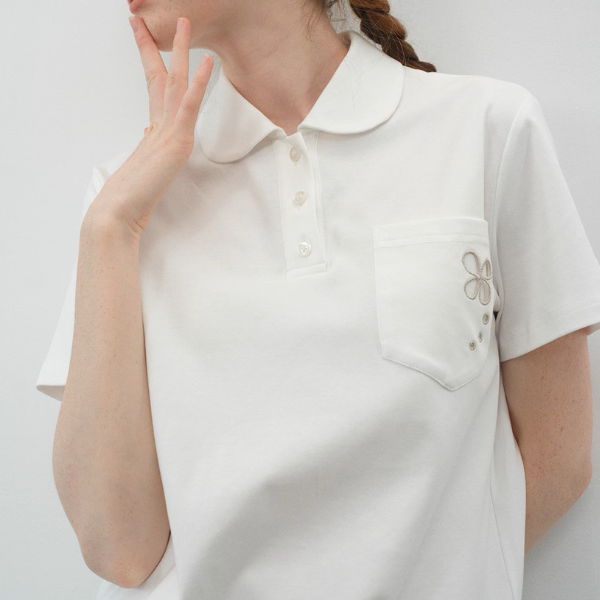 フリル裾花刺繍ポケット付き半袖トップス《Z01107》