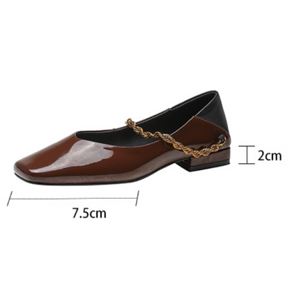 【2color】パテントレザーチェーンローヒールパンプス X-370