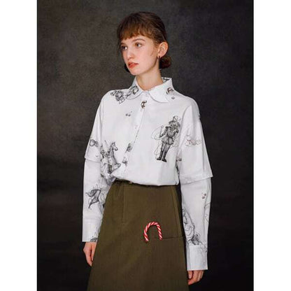 【2color】くるみ割り人形プリント2WAYスリーブシャツブラウス C0108