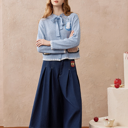 リボンタイ付き刺繍ポケットカーディガン《Z01104》