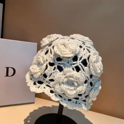 【4color】花モチーフが咲く＊かぎ針編みスパンコールニット帽《Z01194》