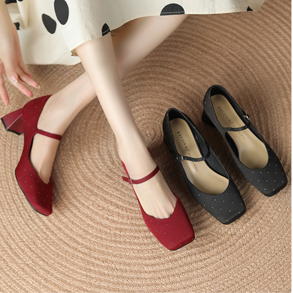 【2color】スクエアトゥチャンキーヒールドットパンプス X-536