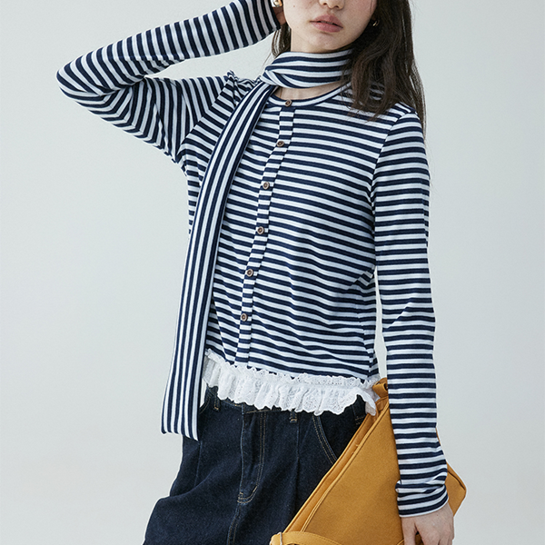 レースヘムストライプシャツ 《Z00635》