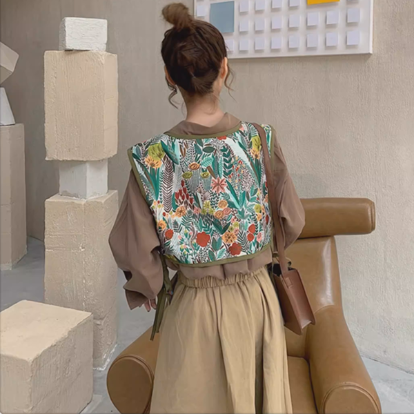 【10pattern】ヴィンテージ柄×リボン紐のレイヤードベスト《Z01208》