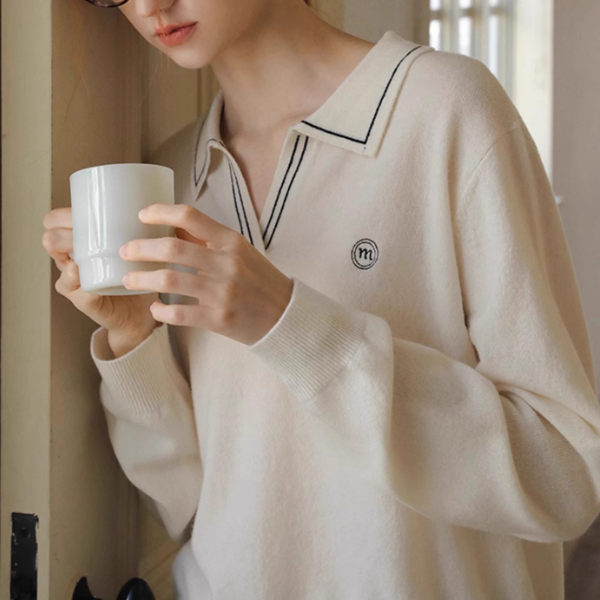 【2color】レトロ配色ポロカラーニットプルオーバー《Z01115》