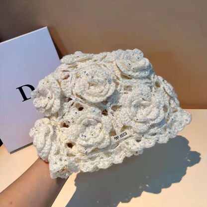 【4color】花モチーフが咲く＊かぎ針編みスパンコールニット帽《Z01194》