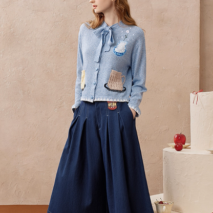 リボンタイ付き刺繍ポケットカーディガン《Z01104》