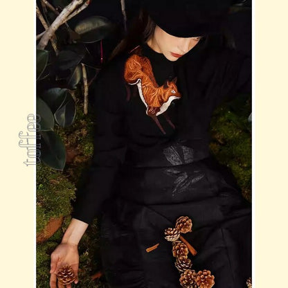 【2color】「小狐物語」森の中のキツネとアシンメトリーフリルブラウス C0182