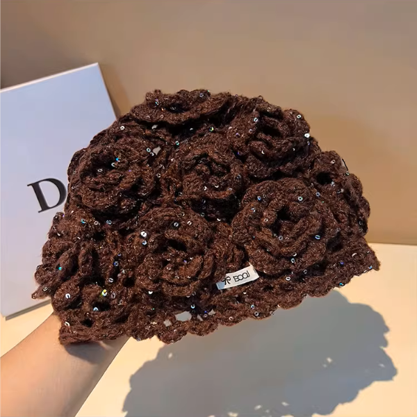 【4color】花モチーフが咲く＊かぎ針編みスパンコールニット帽《Z01194》