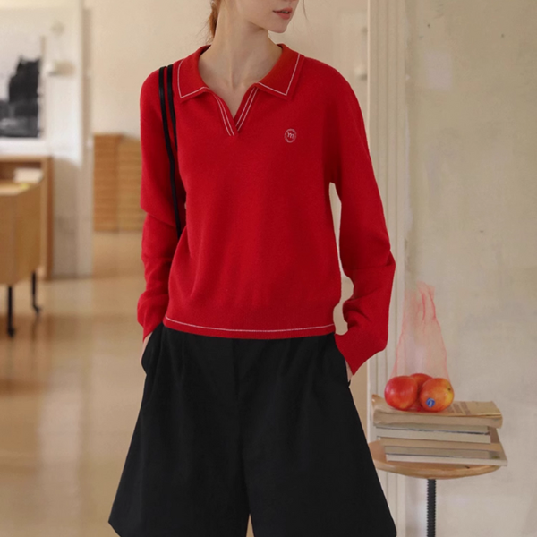 【2color】レトロ配色ポロカラーニットプルオーバー《Z01115》