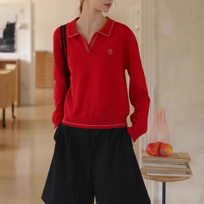 【2color】レトロ配色ポロカラーニットプルオーバー《Z01115》