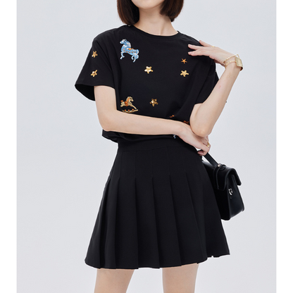 ポニーと星の刺繍入り半袖ニットトップ Z00203