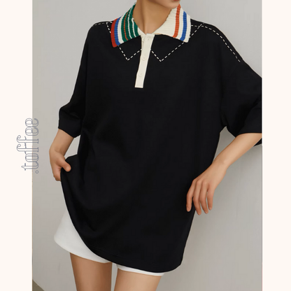 カラフルポロカラーオーバーサイズトップ＆ホワイトショートパンツのセットアップ《Z00944》