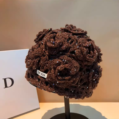 【4color】花モチーフが咲く＊かぎ針編みスパンコールニット帽《Z01194》