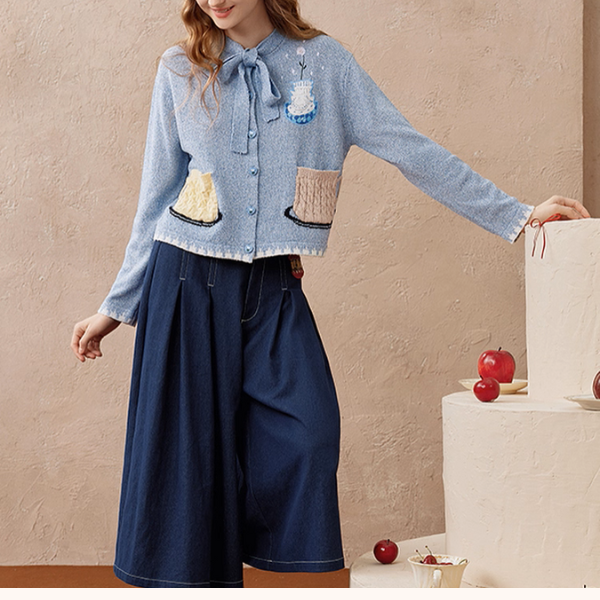 リボンタイ付き刺繍ポケットカーディガン《Z01104》