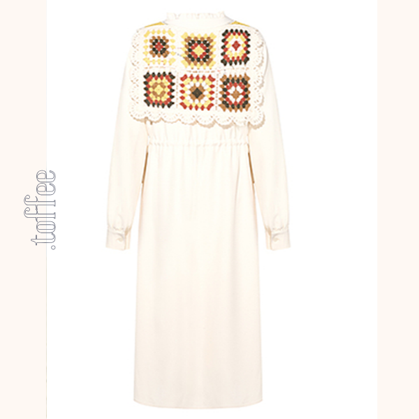 マルチカラーかぎ編みレースタイ付きAラインワンピース　《Z00678》