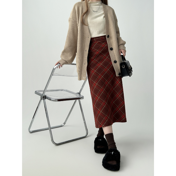 タータンチェックAラインロングスカート X-515