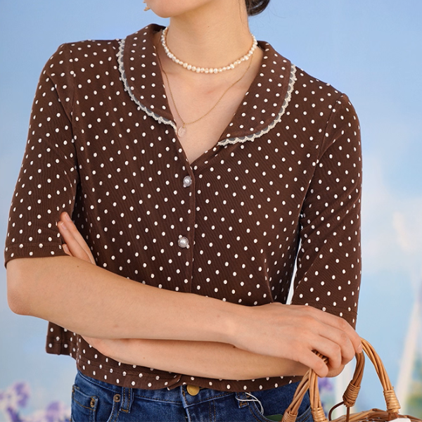 【2color】レトロ可愛いドット柄クロップドニット《Z01050》