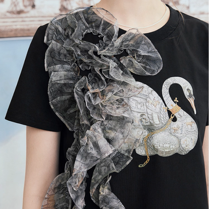 チュールリボンと水鳥プリントのブラックTシャツ《Z01060》