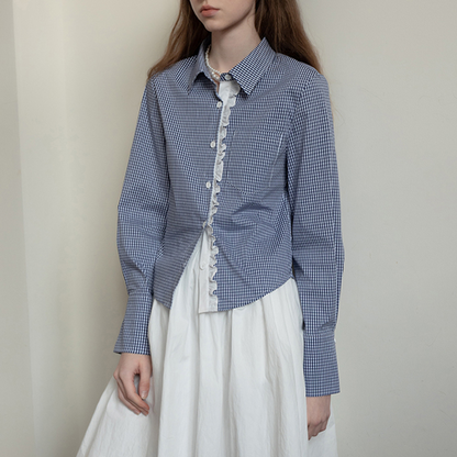 ギンガムチェック柄レースディテールシャツ　《Z00739》